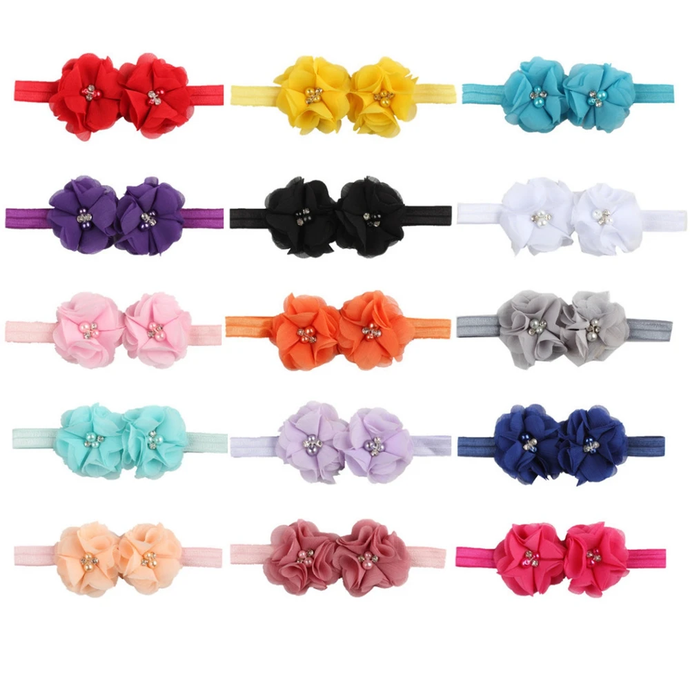 1 PCS Hand Sewn Rhinestone Beads Chiffon Flowers Elastic Headband Baby Girls Solid Color Floral Hairband Kids Hair Accessories