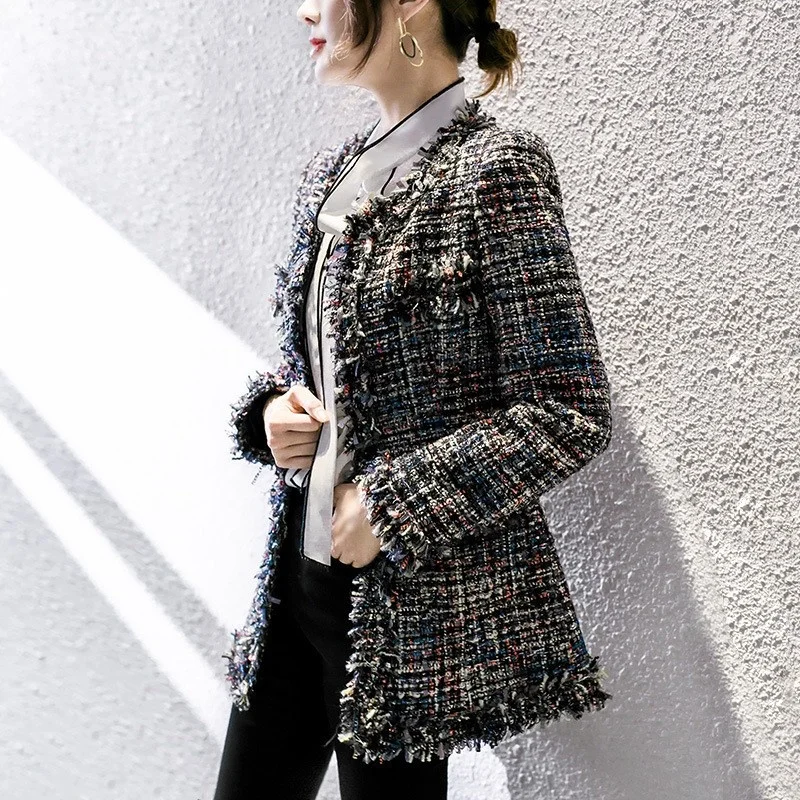 ฤดูใบไม้ร่วงแฟชั่นสำนักงานเลดี้ Elegant Slim Fit เสื้อ Tweed Coat Retro พู่ลายสก๊อตสูทแจ็คเก็ตหญิง Plus ขนาดลำลอง Outerwear