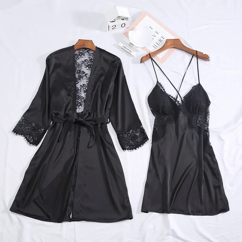 Ladies 2PCS Robe Suit Sexy Lace Backless Kimono Bathrobe Gown Silky Satin Sleepwear Nightwear Intimate Lingerie Home Clothes