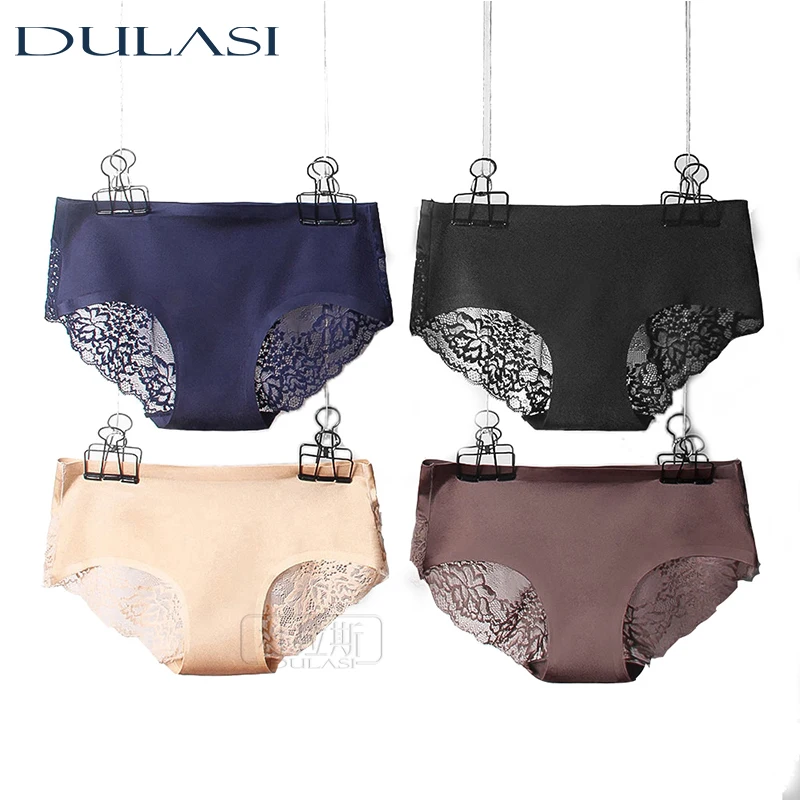 

Sexy Panties Lace Women Underwear Seamless Silk Briefs Girls Ladies Underpants Satin Nylon Cotton Crotch DULASI Lingerie 4pcs