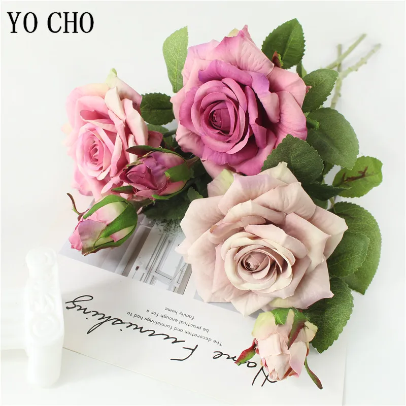 YO CHO Pink Rose Silk Wedding Bouquet Flowers Mariage DIY Bride  Flowers Latex Artificial Rose Bouquets For Bridesmaids Decor