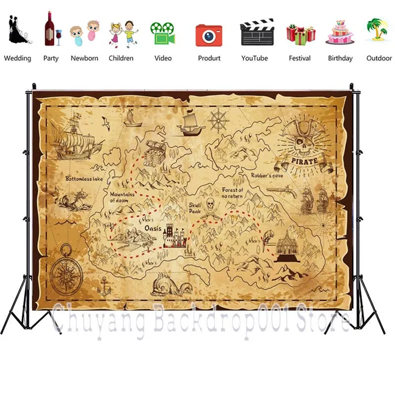 Pirate Treasure World Map Backdrop Kids Happy Birthday Party Photography Background Photo Studio Supplies Decor Banner