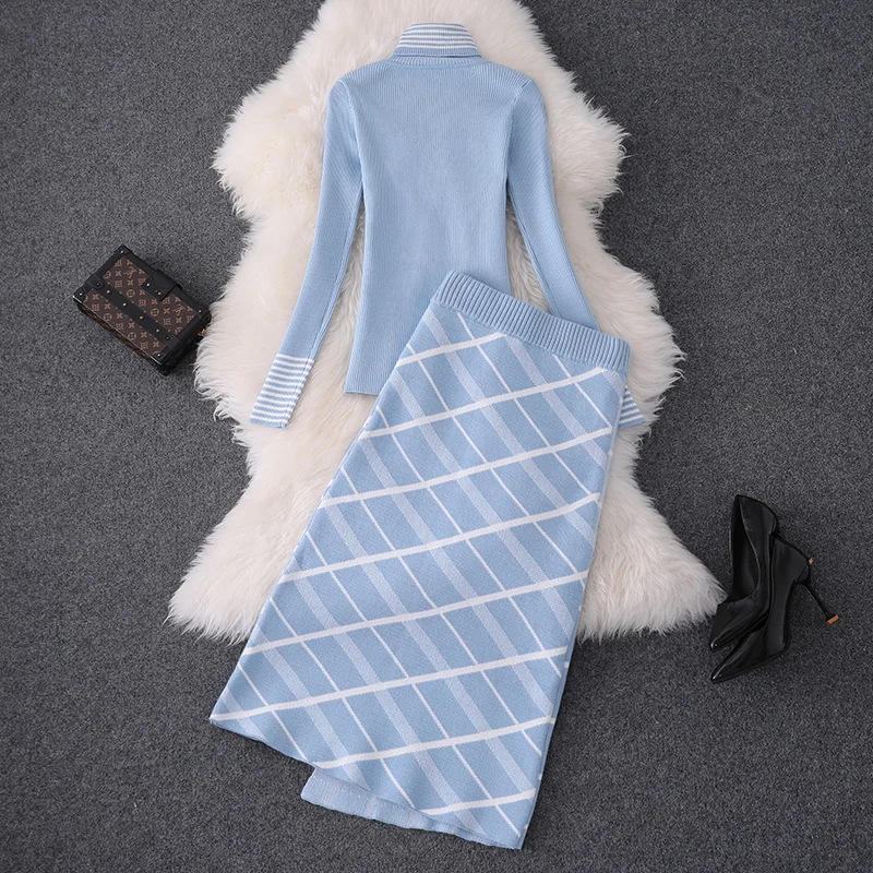 2023 Autumn Top Brand Designer Lady Twinset Women Sweater Skirt Two Piece Set Winter High Neck Knitted Top+Plaid Skirt Suit Sets