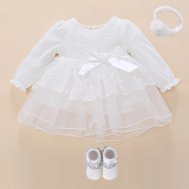 Baby Baptism Dress 2022 Bow Newborn Baby Girls Infant Dresses & Clothes Snow White Baby Dress 1 Year Old Birthday Girl Dress