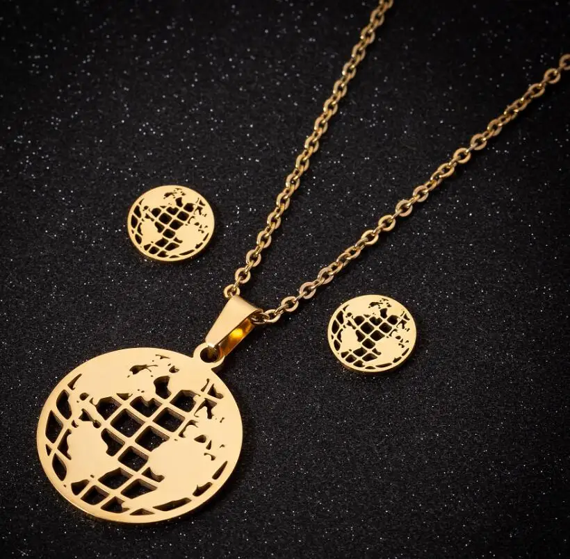 Oly2u Women Fashion Realistic Round Ball World Map Jewelry Sets Steel Gold Earth Map Small Earrings Necklace Pendientes