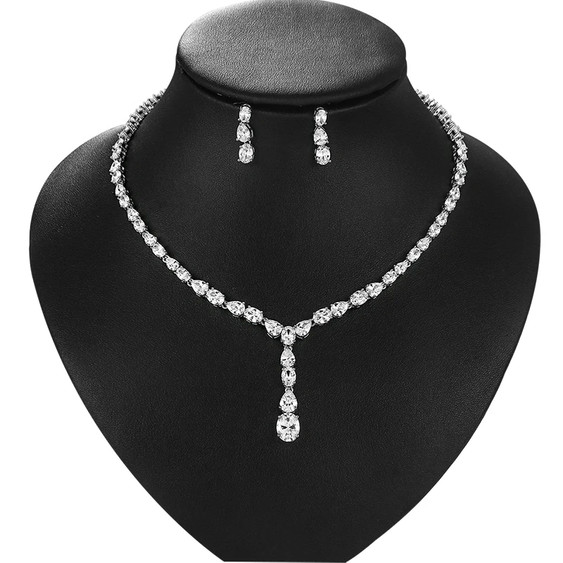 WEIMANJINGDIAN Brand Elegant Oval and Teardrop Cubic Zirconia Crystal Necklace and Drop Earring Wedding Jewelry Set