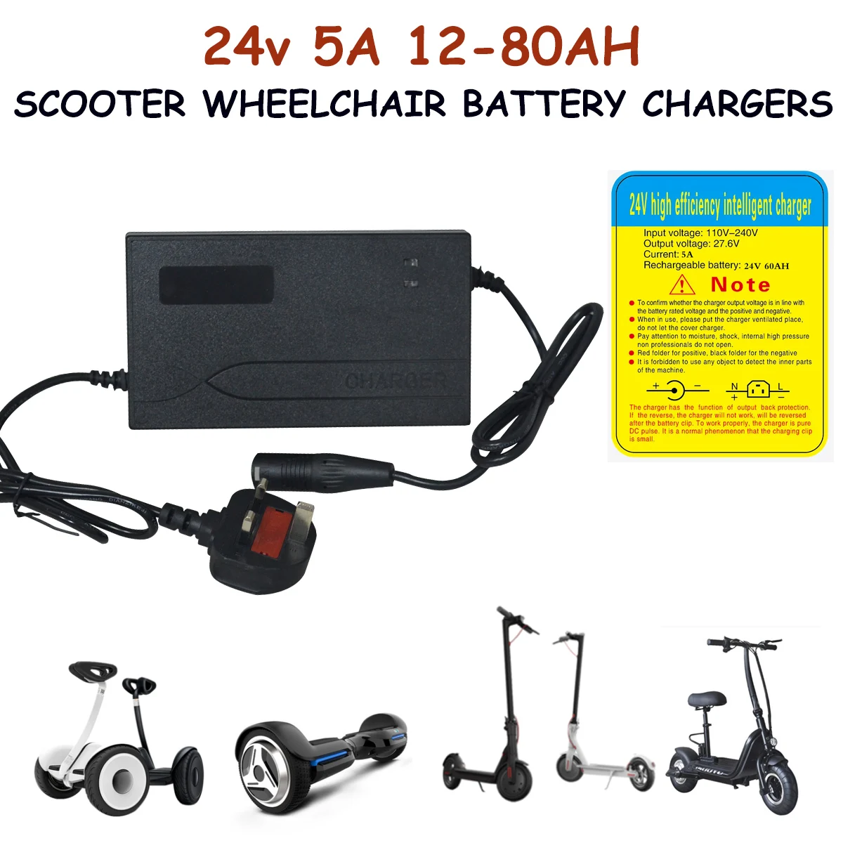 24v 5 Amp 5A Car Battery Charger Heavy Duty 12AH-80AH Mobility Scooter Wheelchair Battery Charger UK