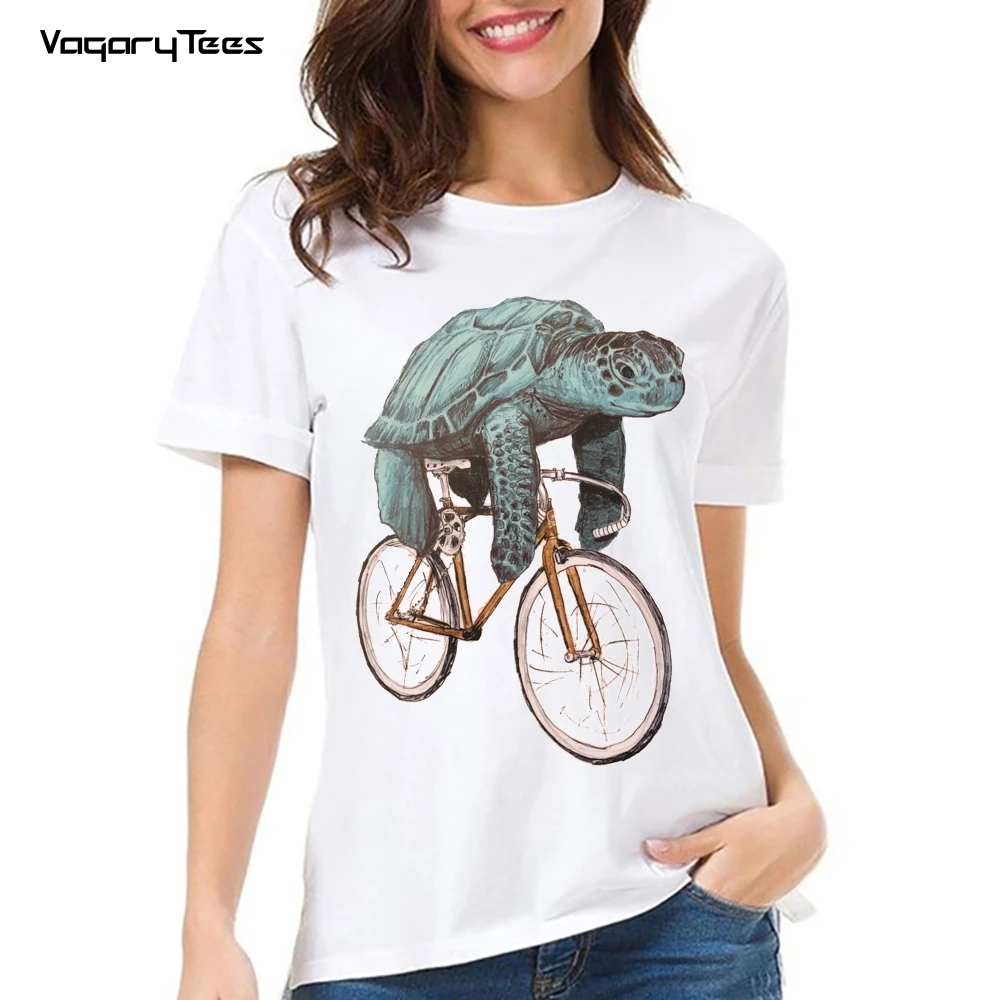 Retro Sea Turtle Riding Fixed Gear Bikes Print Women's T-Shirt Funny Animal And Bicycles Design Casual Tops Hip Hop girl Tees