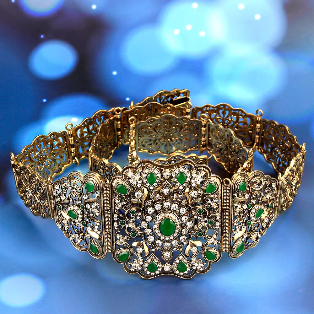 Sunspicems Retro Gold Color Algerian Belt for Women Morocco Wedding Dress Caftan Jewelry Full Rhinestone Waist Chain