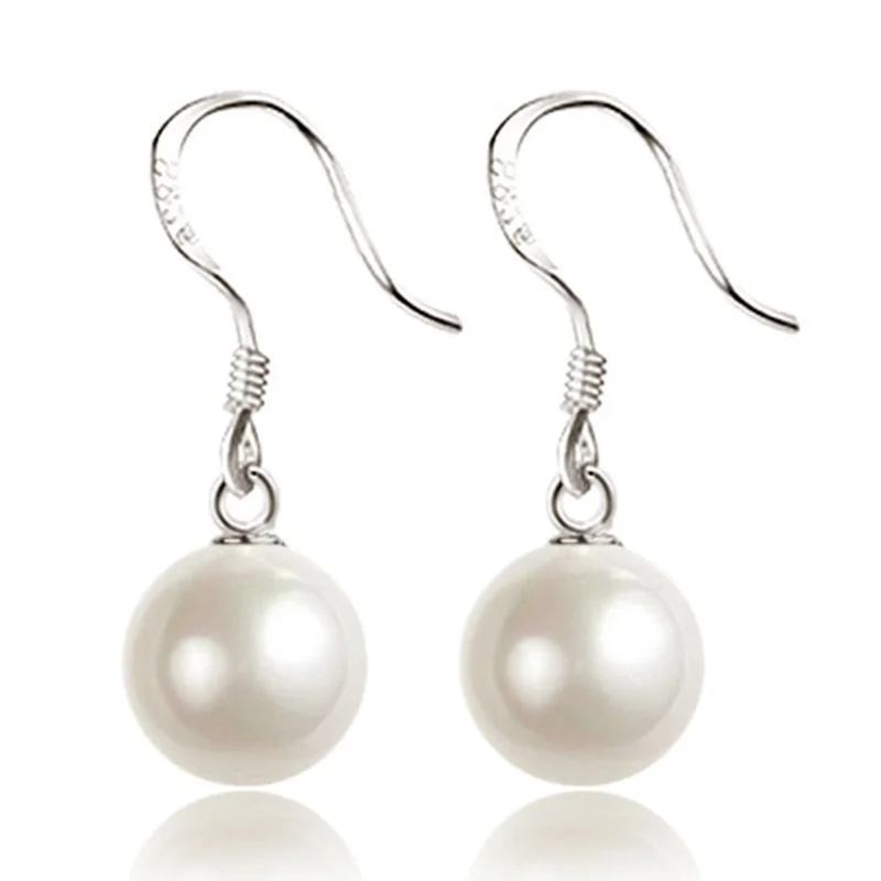 OMHXZJ Wholesale European Fashion Woman Girl Party Wedding Gift White Round Pearl 925 Sterling Silver Drop Earrings EA304