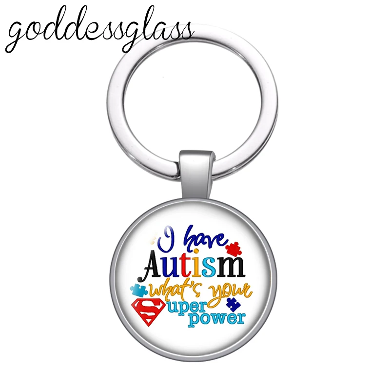 Autism Awareness Puzzle Ribbon Love Photo Round glass cabochon keychain Bag Car key chain Ring Holder Charms keychains for gift