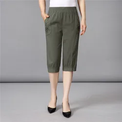 Summer Women Cropped Pants Middle-aged Lady Elastic Waist Loose Casual Pants  Cotton Thin Female Sweatpants