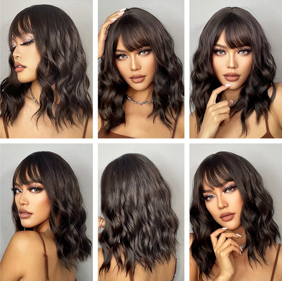 EASIHAIR Dark Brown Wavy Bob Wigs for Women Synthetic Wigs with Bangs Natural Hair Wig Medium Length Cute Wigs Heat Resistant