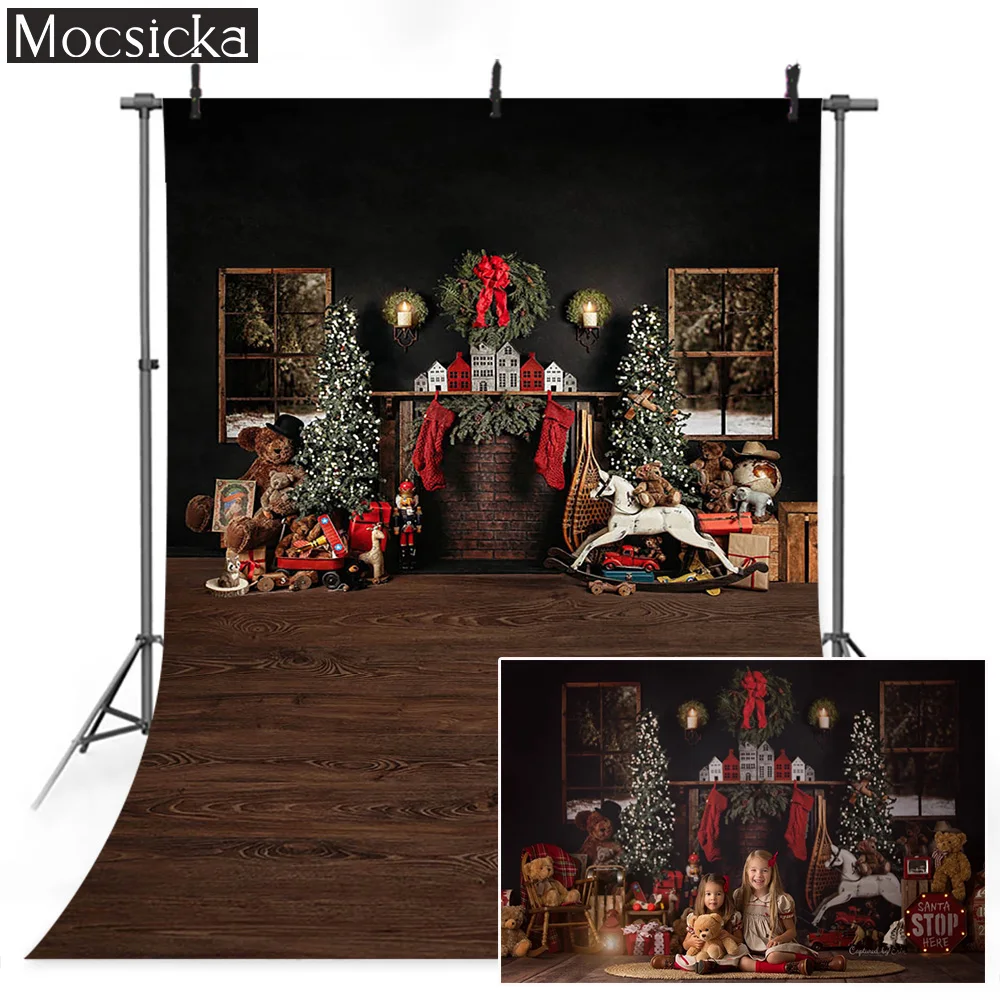 Mùa Đông Giáng Sinh Phông Nền Cửa Sổ Lò Sưởi Sinh Nhật Chân Dung Nền Cây Thông Xanh Vòng Hoa Photocall Studio Ảnh Đạo Cụ