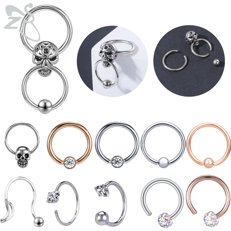 ZS 1PC Stainless Steel Nose Ring With CZ for Women Skull Crystal Round Septum Nose Clicker Ear Tragus Cartilage Daith Piercing