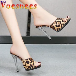 Voesnees 2021 Summer Women Wild Nature pantofole con stampa leopardata 11CM Sexy Open Toe Stiletto scarpe New Fashion Office sandali scarpe