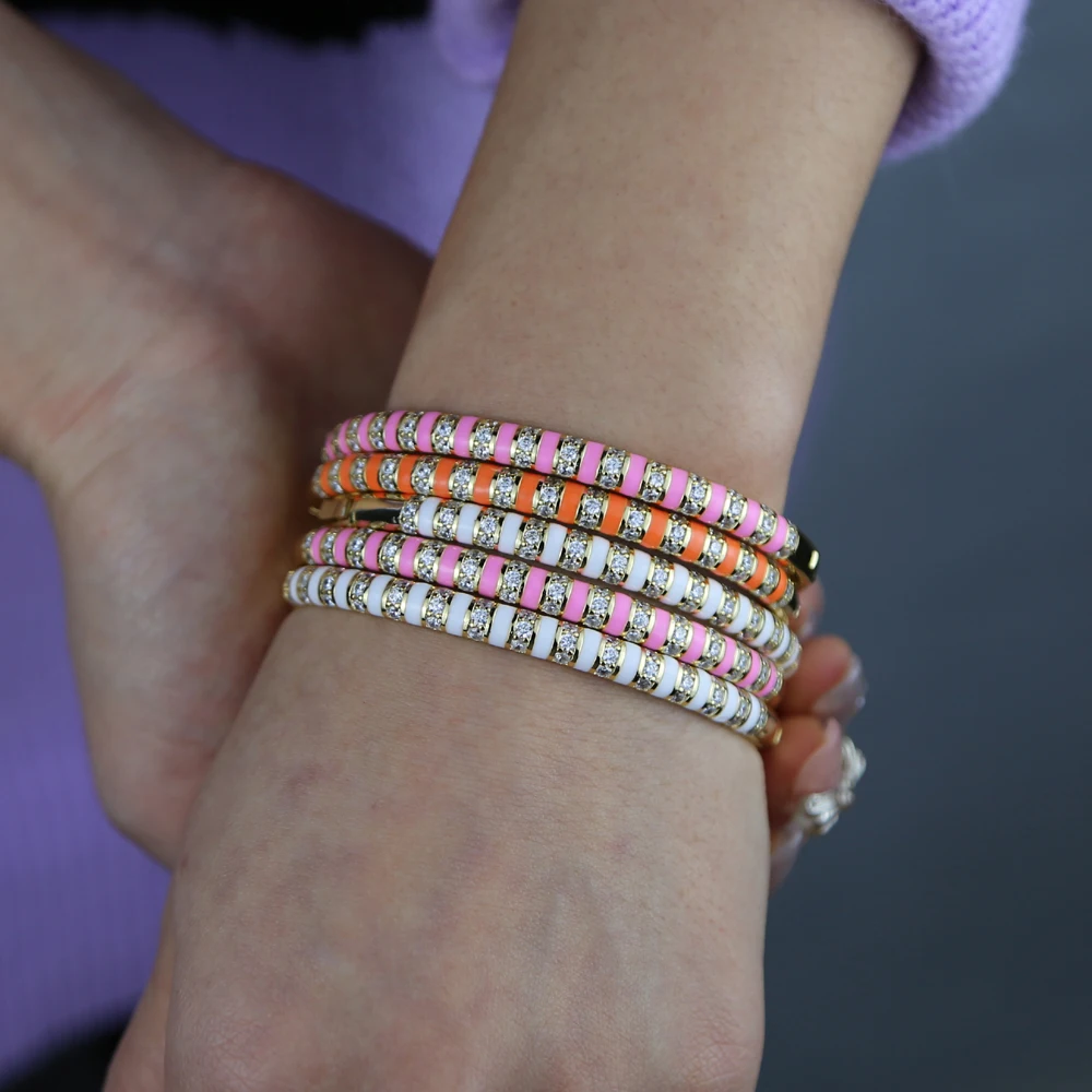 Gold Color Black White Pink Orange Enamel Clear CZ Colorful Fashion Women Bangle Bracelet 2021 New