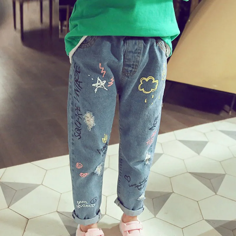 Personality cloud graffiti printing hole casual children jeans,Children\'s Clothing For Girl Kids Pants Boutique Children Trouser