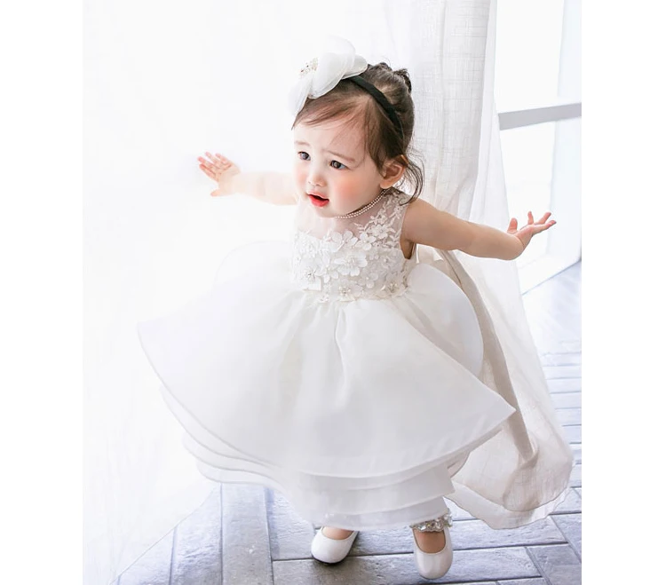 White Lace Dresses For Girls Christening Baptism Gown Pearl Cake Outfits Clothes for Baptism 1 year Baby Girl Birthday Dresses