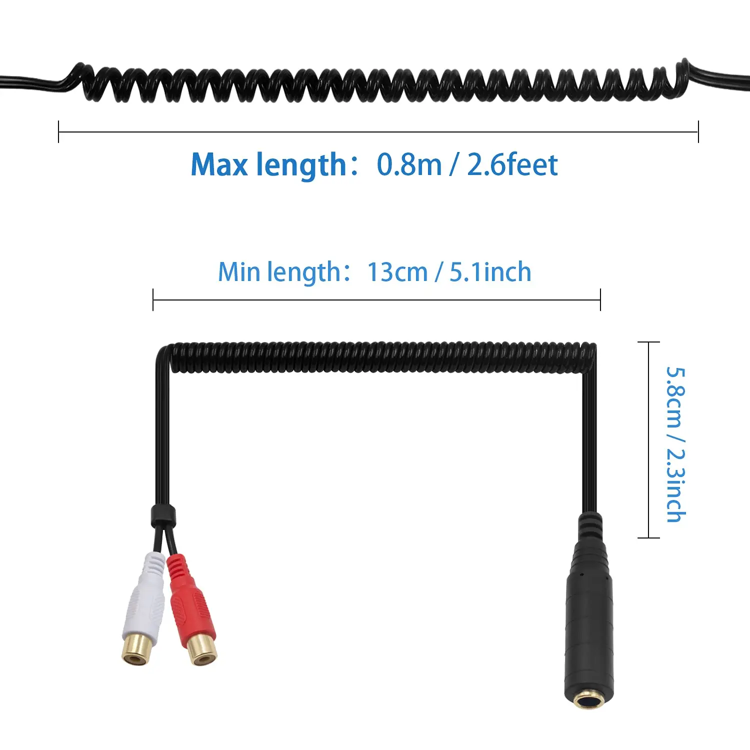6.35mm 1/4 "trs fêmea estéreo para 2x rca fêmea phono espiral enrolado áudio y divisor cabo adaptador 80cm