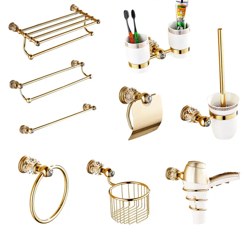 Luxury Gold Crystal Brass Bathroom Accessories Bathroom Hardware Set Gold Soap Dish Towel Holder Hair Dryer Rack Paper Net 2