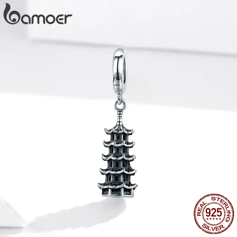 bamoer Journey Scenic Spots 925 Sterling Silver Retor Pagoda Tower Pendant Charm for Original Silver Bracelet & Necklace SCC1544