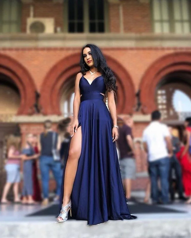 Meerjungfrau/Trompete sexy blau langes Ballkleid V-Ausschnitt ärmellose boden lange rücken freie Satin mit hohen Schlitzen Mädchen Abschluss kleid