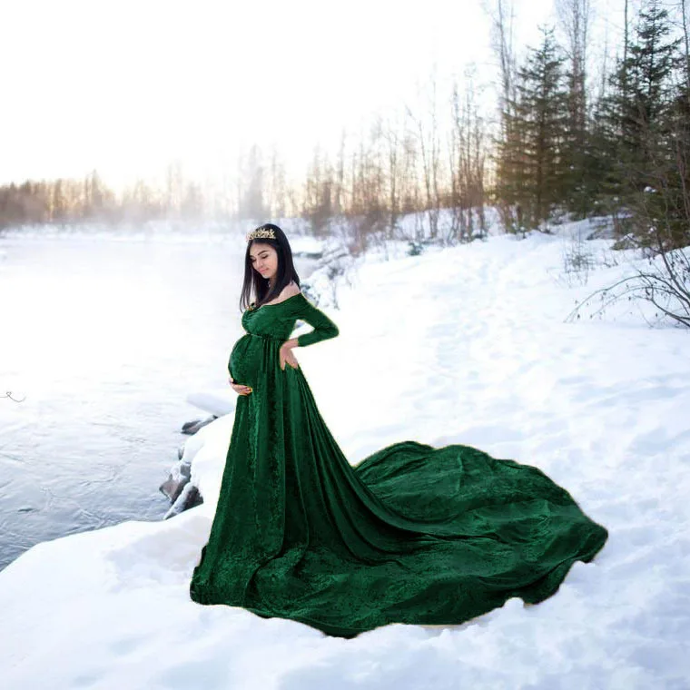 Classic Maternity Dresses Photography Props Sexy Split Side Red Green For Pregnant Women Long Pregnancy Dress Photo Shoots