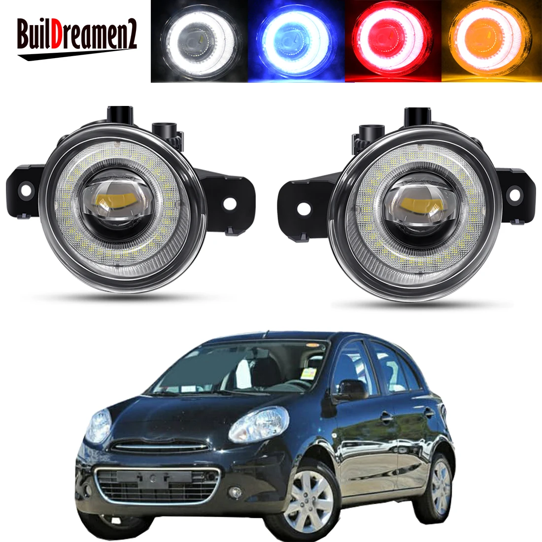 2 X Car Angel Eye Fog Light Assembly For Nissan Micra March 4/IV (K13) Hatchback 2010-2018 30W LED Lens Fog Daytime Lamp DRL 12V