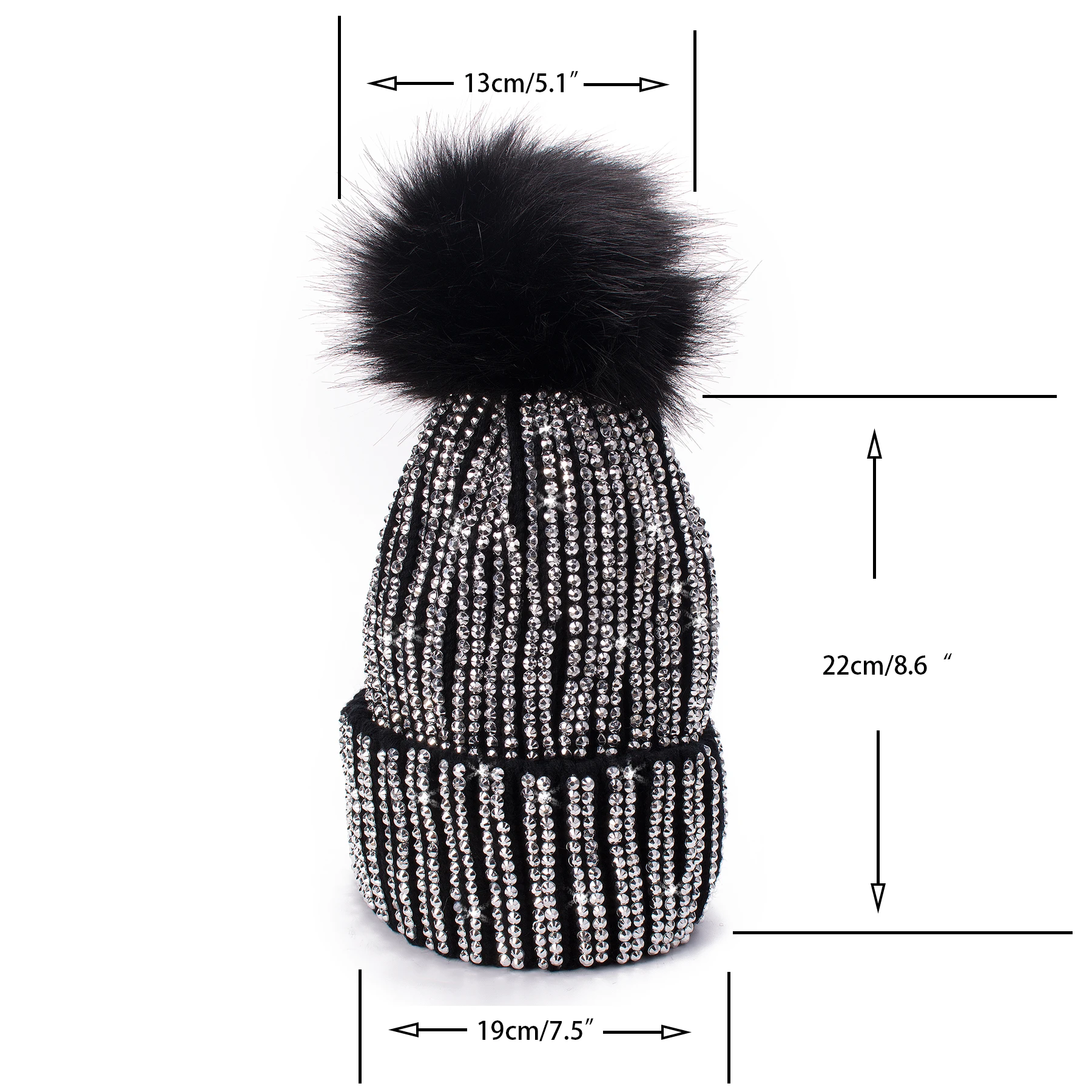 Lawliet Winter Hats Faux Fur Pom Pom Rhinestone Bling Style Women Beanies High Quality Warm Knitted Skull Cap A469