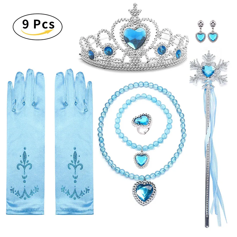 Girls Anna Elsa Cosplay Sets Crown Magic Wand Necklace Wig Gloves Accessories Earring Bracelet Halloween Party Dress Up Props