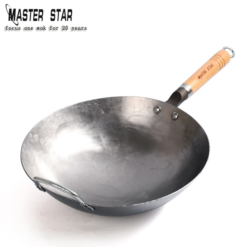 Chinese Handmade Wrought Iron Wok Guarantee Hammering Wooden Handle Round Bottom High Quality Cookware