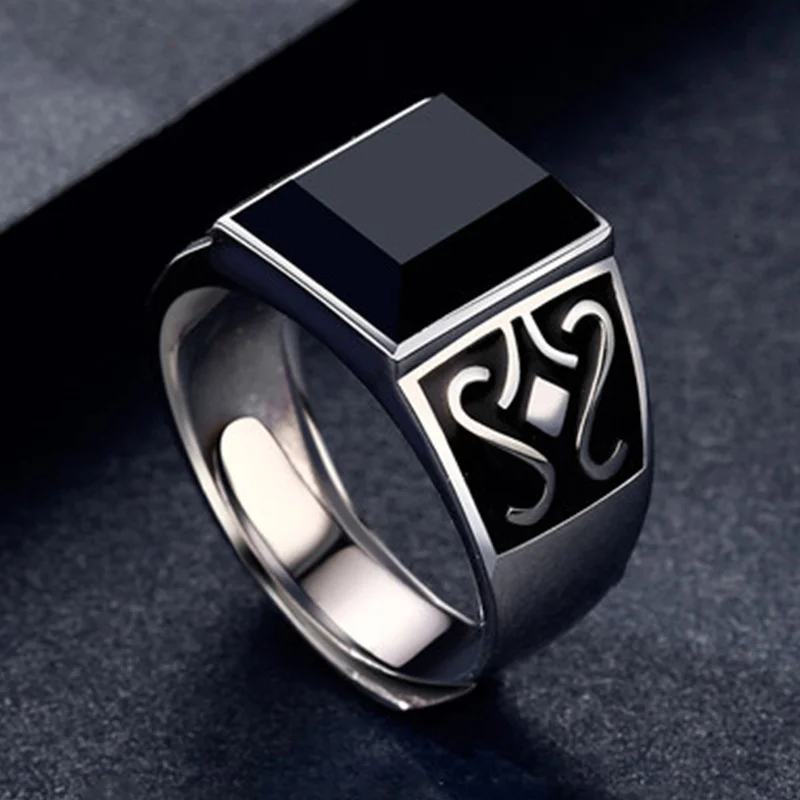 2024 Trendy Men Ring Jewelry Adjustable Finger Accessorie Male Silver 925 Ring Fashion Flower Rectangle Crystal Bijou