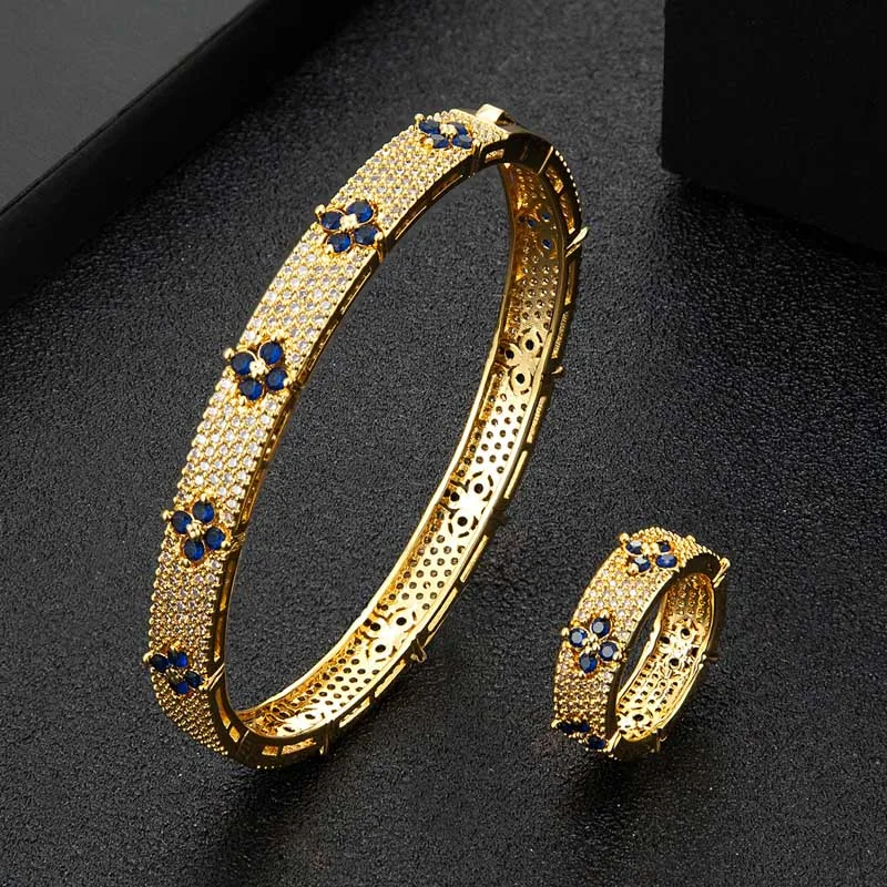 

Zlxgirl jewelry brand 2pc bangle with ring wedding Jewelry set Europe Design Copper Bracelet Women's size Dubai gold bangle anel