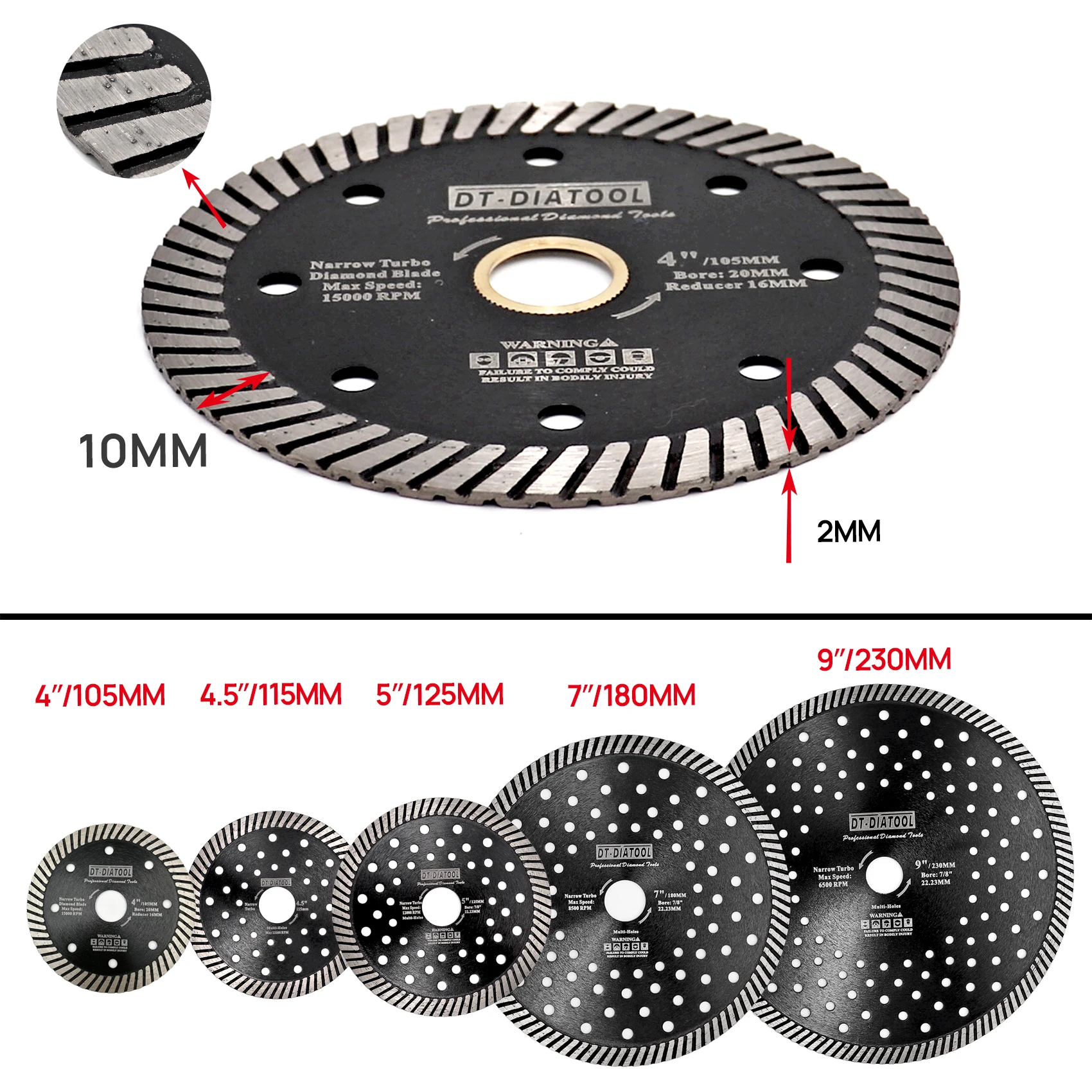 DT-DIATOOL 2Pcs Dia 115 + 125Mm Diamond Blade Smalle Turbo Multi Gat Zaagblad Doorslijpschijf Voor Graniet marmer