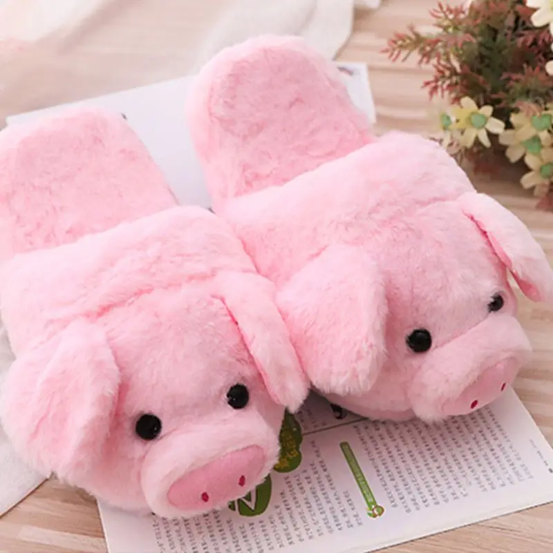 Women Winter Pink Pig Animal Cartoon Plush Slippers Non-Slip Furry Shoes