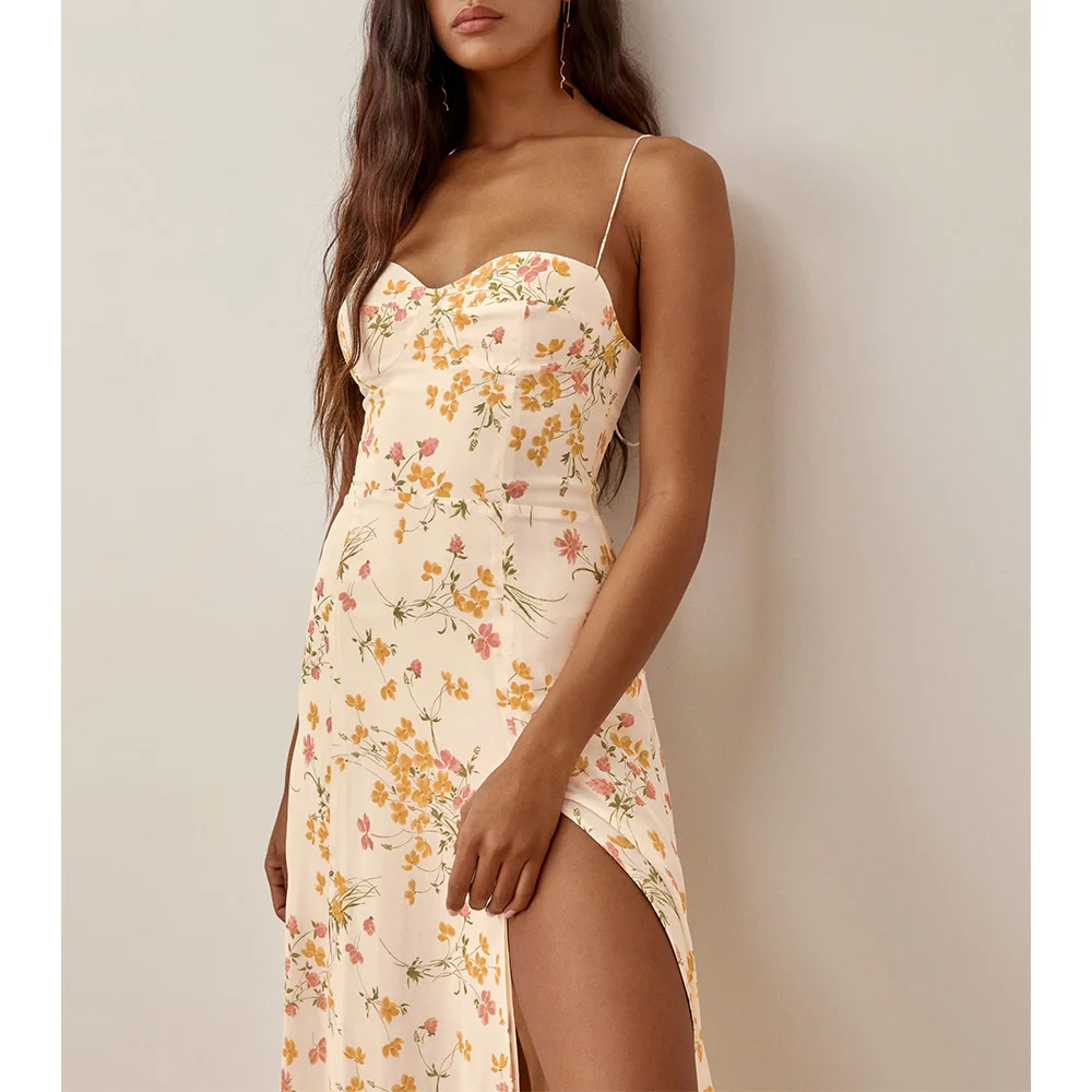 Dresses For Women 2021 Sweetheart Neck Vintage Floral Print Beach Dress Spaghetti Strap Tie Sexy Side Slit Summer Midi Dress