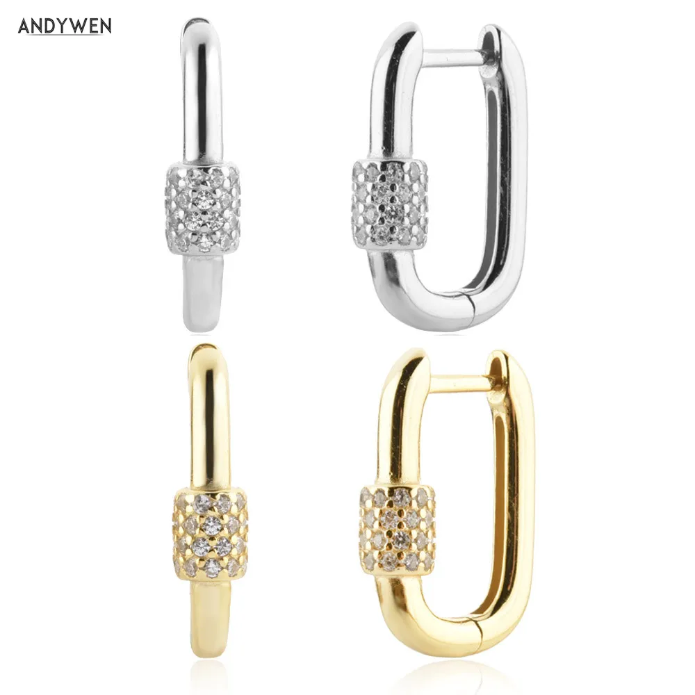 ANDYWEN 925 Sterling Silver Gold Zircon Ball CZ Hoops Oval Women Plain Luxury Rock Punk Clips Jewelry For Women Party Wedding