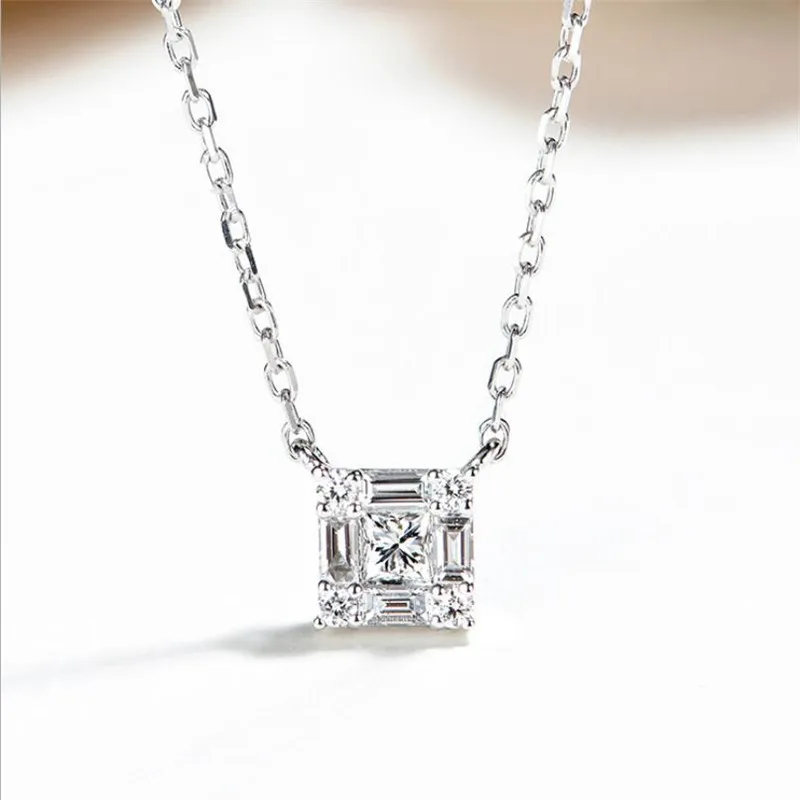 2020 Ins  Top Sell Luxury Jewelry live 925 Sterling&Rose Gold Fill Princess Cut White Topaz Women Square Pendant Necklace Gift