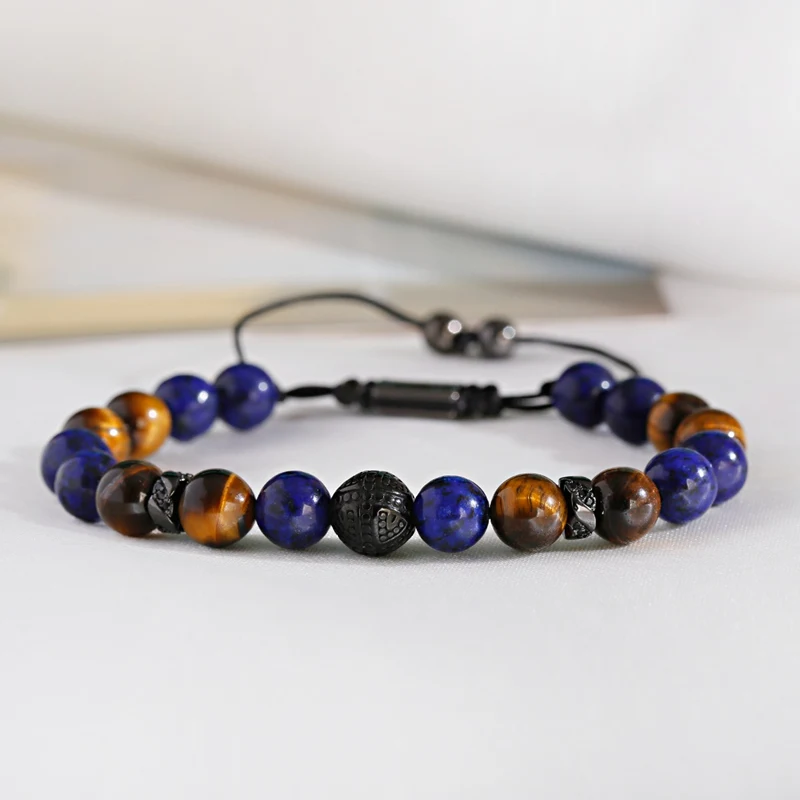 New Round Stainless Steel Beads Weaving Bracelet Homme Men Tiger Eye Beads Bracelet Adjustable Dropshipping