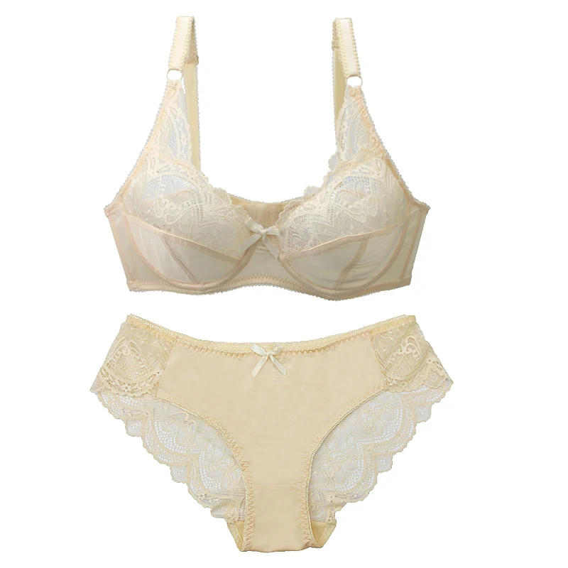 Sexy Kant Plus Size Vrouwelijke Lingerie Transparante Dunne Dikke Bcde Cup Bh Sets Ademend Vrouwen Ondergoed Slipje Slips