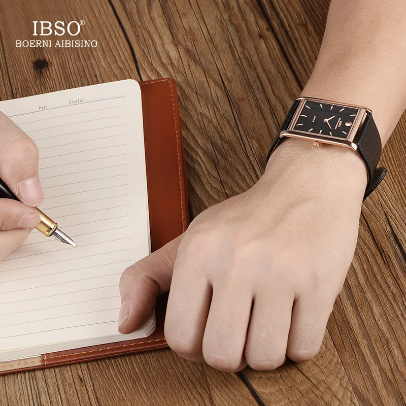 IBSO 7 MM Ultra-thin Square Case Design Mens Watches Genuine Leather Strap Fashion Luxury Quartz Watch Men Business Clock