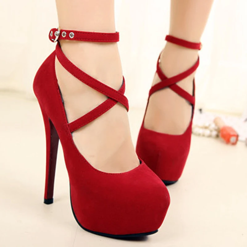 Shoes Woman Pumps Cross-Tied Ankle Strap Wedding Party Shoes Platform Dress Women Shoes High Heels Suede Ladies Shoes Plus Size