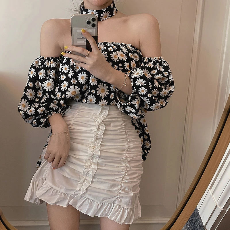 Daisy Print Slash Neck Pullover Baggy Lantern Sleeve Blouses Women Sexy High Waisted Slim Pleated Hip Ruffle A-line Skirts Suits