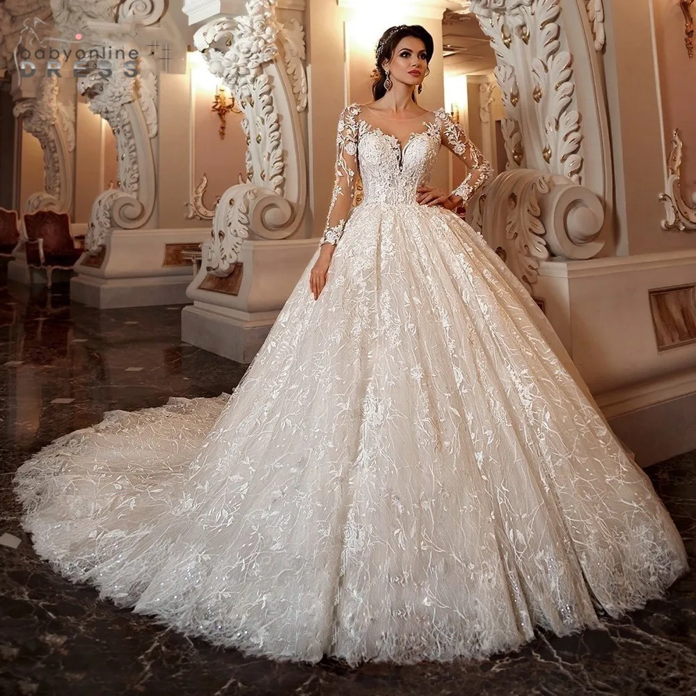 Elegant Dubai Lace Ball Gown Wedding Dresses Long Sleeves V Neck Luxury Chaple Train Bridal Gowns Vestido De Novia Customized