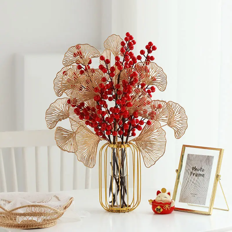 Chinese Metal Frame Glass Vase Red Fortune Fruit New Year Gifts Home Livingroom Ornaments Crafts Cafe Office Furnishing Decor