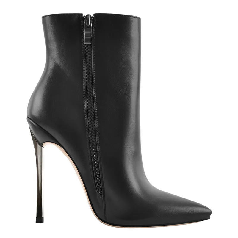 Onlymaker Women Ankel Boots Poited Toe Metal Thin High Heel Side Zipper Fashion Black Warm Winter Booties