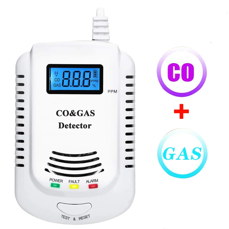 2 em 1 combustível detector de vazamento de gás natural sensor monóxido de carbono display lcd dois métodos de alimentação sistema alarme para casa