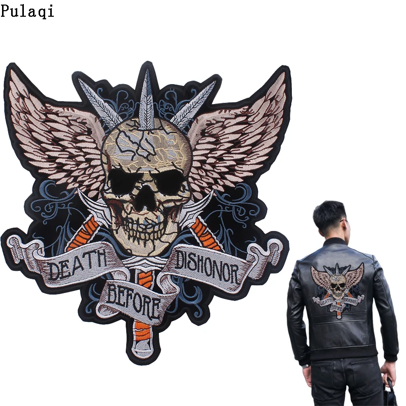 Pulaqi Big Rock Skull Patch Embroidered Patches Iron On Stripes For Clothes Jacket Ironing Patches Motorcycle Big Letter Badges