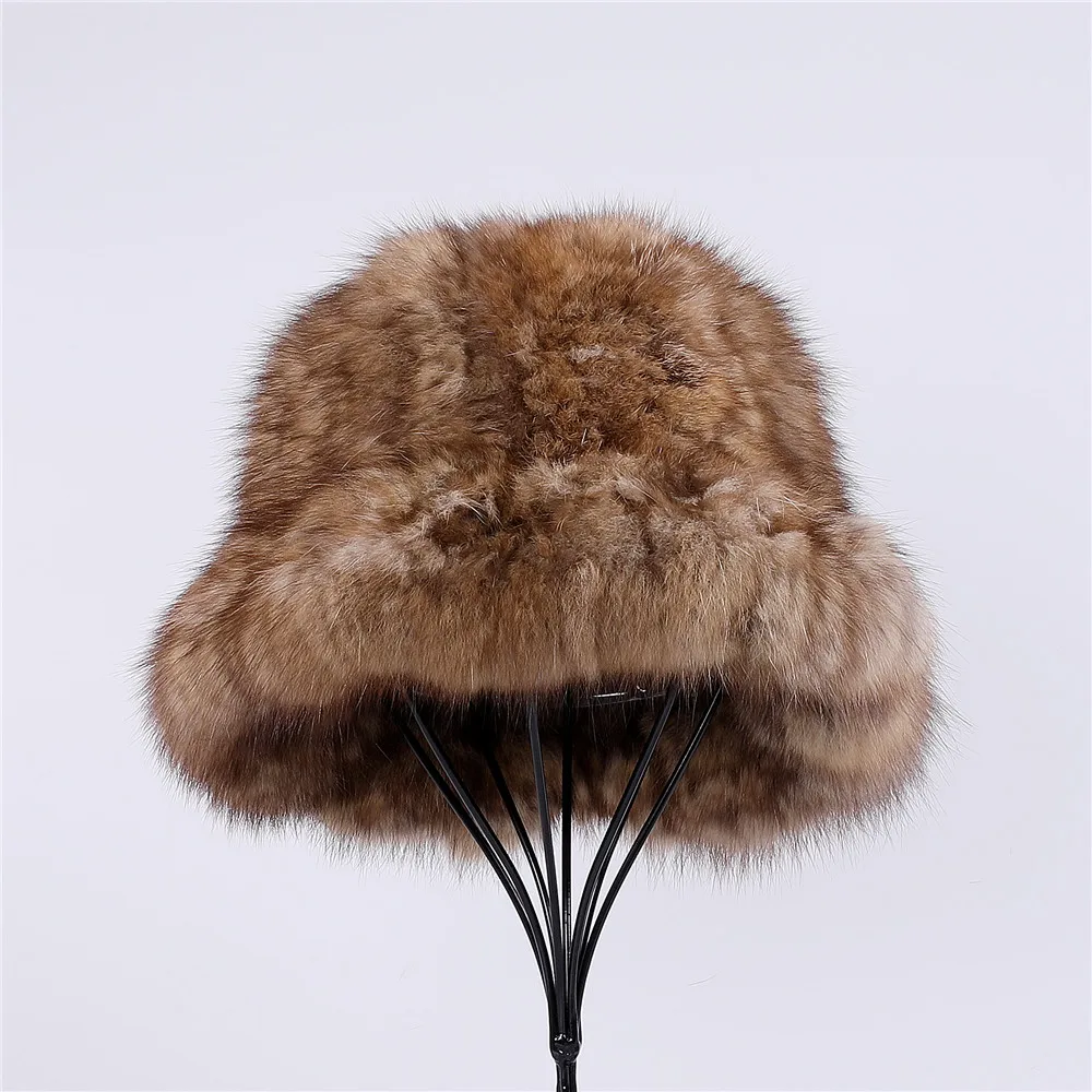 Highend Women\'s Winter Knitted 100% Real Sable Fur hat Fur Top Bucket Cap Female Warm Thick